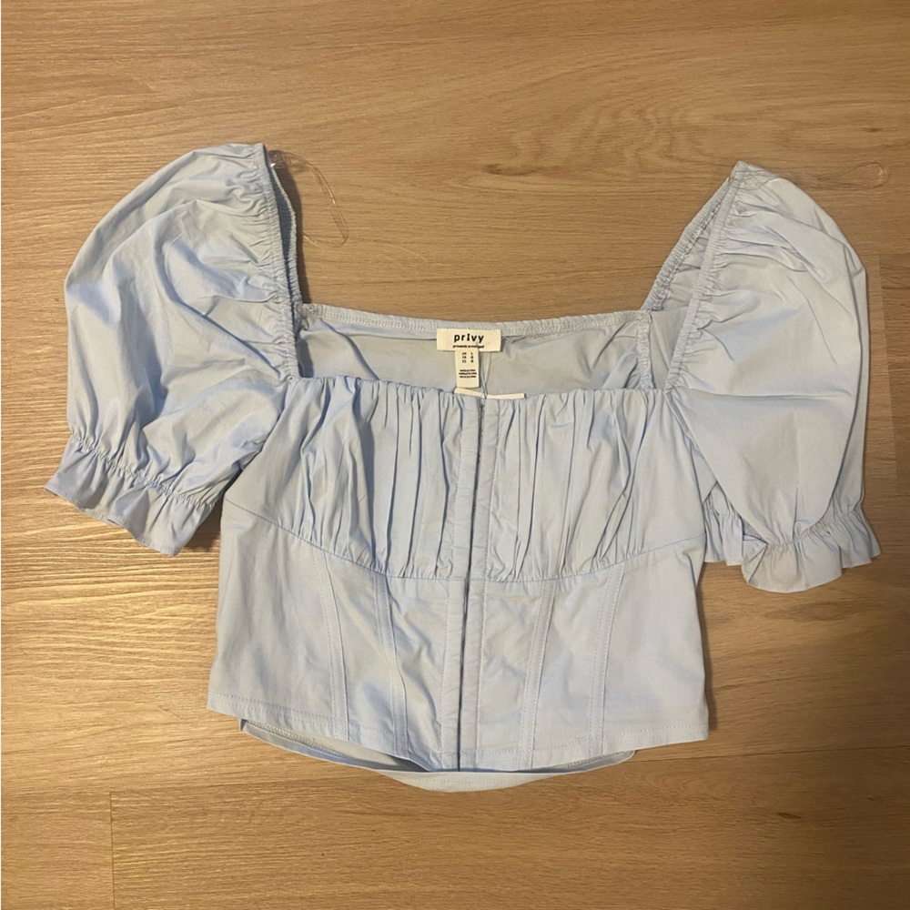 Vanilla Sky light blue front clasp corset top